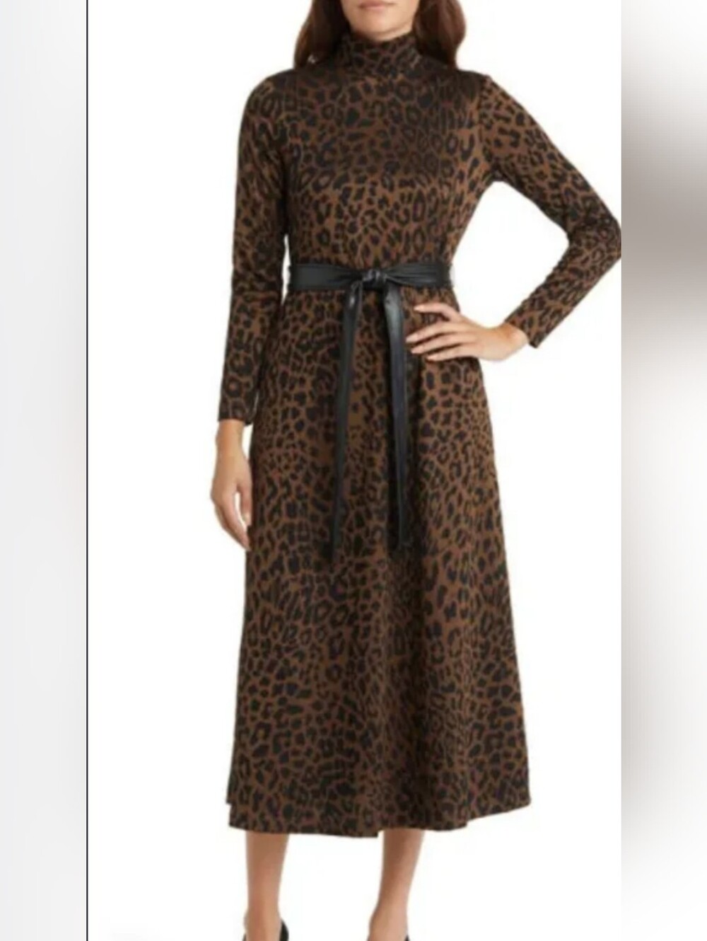Anne Klein Leopard Print Brown Long Sleeve Maxi Dress with Waist Tie